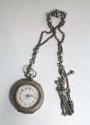 A lady's silver cased fob watch, with foliate engraving, the case marked 935, with rope twist chain