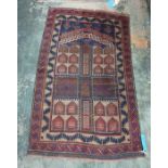 Eastern rug - blue ground, stepped border in  blues, reds, browns and greens 152 x92 cms