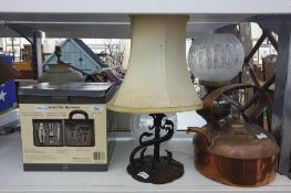 Boxed Martini mixing set in faux-leather case, a copper kettle, two lamps and an extra oil lamp