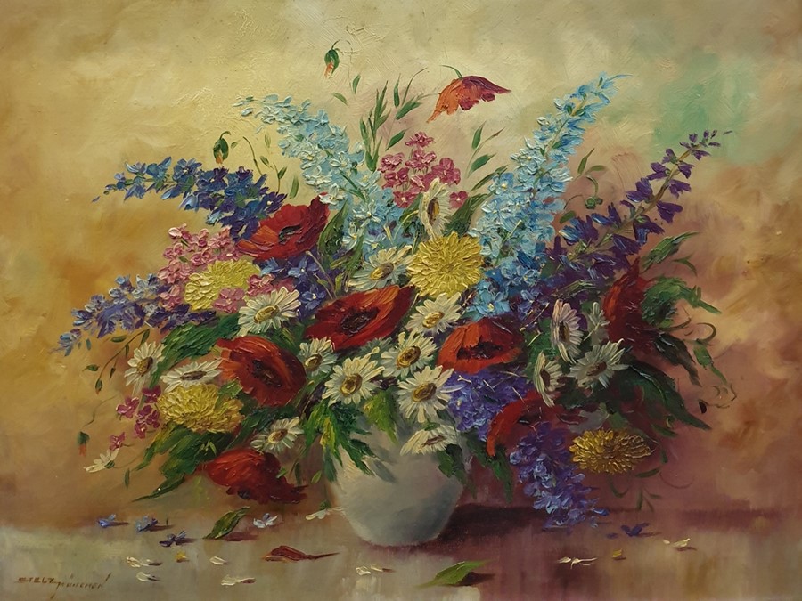 Stelz Munchen Oil on canvas  Still life study of flowers in vase, signed lower left  Condition