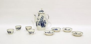 18th century Worcester blue and white transfer printed coffee pot and cover and four tea bowls and