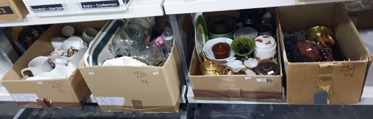 Four boxes of ceramics, glass and brass to include jugs, coffee percolators, two wooden chicken