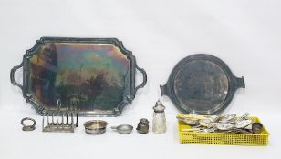 Assorted electroplated ware to include twin-handled trays, cutlery, toast rack, etc and a silver