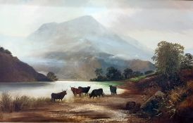 J Pearson (early 20th century)  Oil on canvas  Highland cattle in landscape, signed lower right