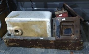 One Belfast and one lead-lined wooden sink, a vintage ammunition box and a Shell Motor Company