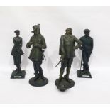 Pair of spelter figures of fashionably dressed gentleman in 17th century costume, carrying swords,