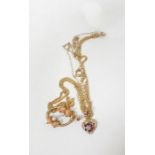 9ct gold pendant set with coral and pearls and another set small rubies and diamond, on fine 9ct