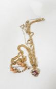 9ct gold pendant set with coral and pearls and another set small rubies and diamond, on fine 9ct