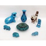 Various items of turquoise glazed pottery to include a Middle Eastern compressed vase and cover,