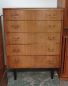 A mid 20th century walnut chest of five drawers raised upon tapering supports 76.5 x 108.5 cm