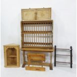 A pine plate rack, a pine wall hanging two door cupboard, etc (6)