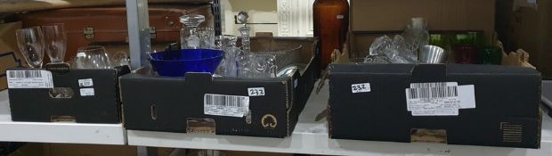 Three boxes of assorted glassware including vases, decanters, brandy balloons, plus Chinese style