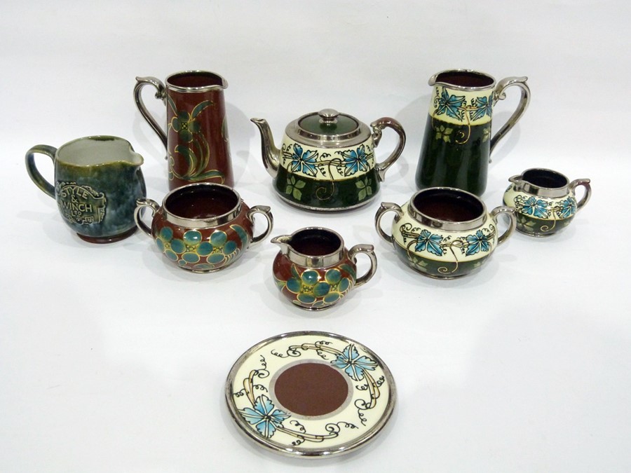 Gibsons lustreware part tea service, printed black marks, painted with bands of blue flowers and