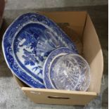 Blue and white meat plate, 2 other plates and a glass fruit bowl and serving plate