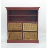 Two red painted larder/kitchen cupboards, open shelves with fitted wicker storage baskets below