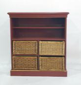 Two red painted larder/kitchen cupboards, open shelves with fitted wicker storage baskets below