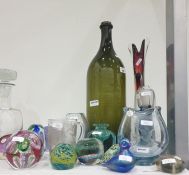 Various items of glassware to include a large green tinted bottle, 41cm high overall, a Glasgow