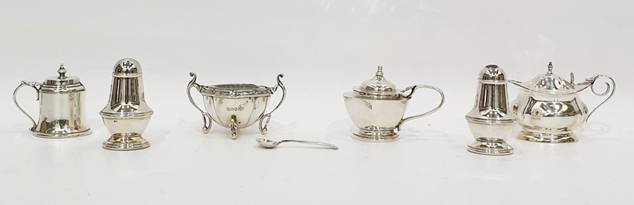 Pair of silver salt and pepper pots, three mustard pots, various and an open salt (20th century)