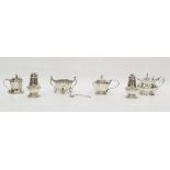 Pair of silver salt and pepper pots, three mustard pots, various and an open salt (20th century)