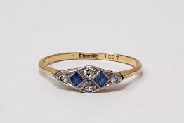 18ct gold, sapphire and diamond ring set two square sapphires surrounded by four small diamonds