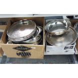 Large quantity EPNS serving dishes, trays, salvers etc (2 boxes)