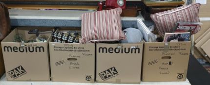 Four boxes of household items including cushions, Christmas decorations, food covers, cafetiere,