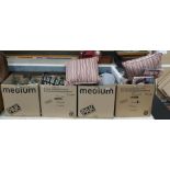 Four boxes of household items including cushions, Christmas decorations, food covers, cafetiere,