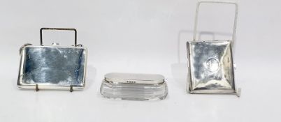 Sheffield silver cigarette case, silver card case on chain and a silver lidded glass pot