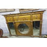 19th century giltwood wall mirror having cavetto and ball moulded cornice, the frieze embossed