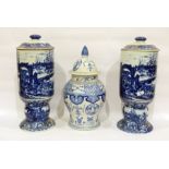 Pair of modern porcelain Chinese-style blue and white cylindrical sectional vases and covers,