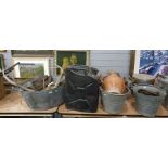 Eight various galvanised containers containing selection of vintage tools and horseshoes and a