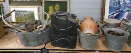 Eight various galvanised containers containing selection of vintage tools and horseshoes and a