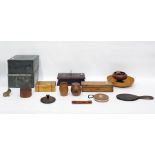 Collection of wooden boxes, treen hand mirror, napkin rings and two square-section tins and covers