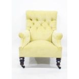 19th century armchair in yellow ground buttonback upholstery, turned front supports to brown china