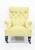 19th century armchair in yellow ground buttonback upholstery, turned front supports to brown china