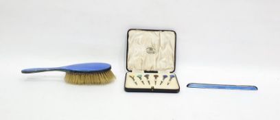 Silver and enamel cocktail stick set, Birmingham 1935, in fitted case and a silver and blue enamel