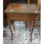 French walnut lozenge-shaped side table with parquetry inlay to the top featuring instruments and