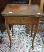 French walnut lozenge-shaped side table with parquetry inlay to the top featuring instruments and