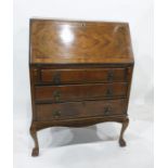 Twentieth century walnut bureau, three drawers to cabriole supports 75 x 104 cms