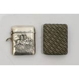 White metal vesta case with horse racing design, hinged top with suspension ring and strike and a