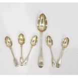 Georgian silver Old English pattern serving spoon, London 1786 and five silver fiddle pattern
