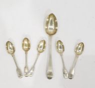 Georgian silver Old English pattern serving spoon, London 1786 and five silver fiddle pattern