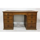 19th century oak pedestal desk, eight assorted drawers 136 x 75.5 cms