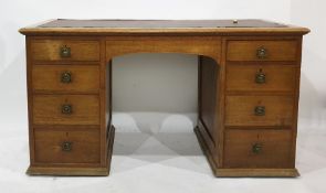 19th century oak pedestal desk, eight assorted drawers 136 x 75.5 cms