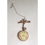 A lady's 14ct gold cased fob watch,enamel dial with Roman numerals, engraved on enamel case