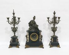 Slate, marble and metal clock garniture, late 19th century, the mantel clock surmounted by a