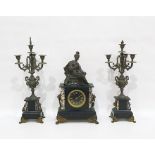 Slate, marble and metal clock garniture, late 19th century, the mantel clock surmounted by a