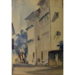 Rowena Bush watercolour drawing Zanzibar figures in building signed and dated 1961 48 x 35.5cm