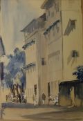 Rowena Bush watercolour drawing Zanzibar figures in building signed and dated 1961 48 x 35.5cm