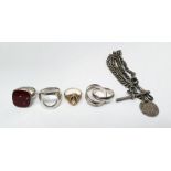 Gold-coloured metal ring, various silver rings and a silver graduated double-albert chain